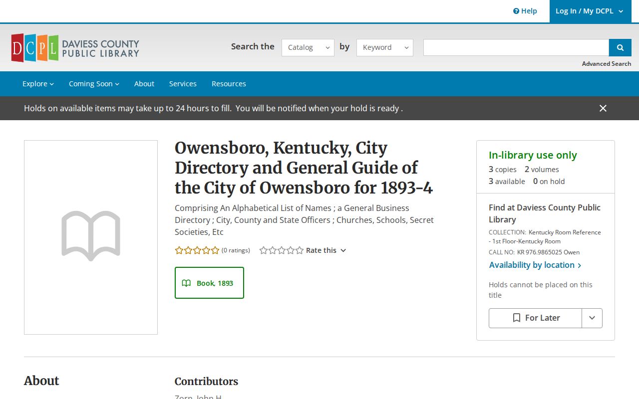 Daviess County Public Library catalog record for the 1893–94 Owensboro city directory