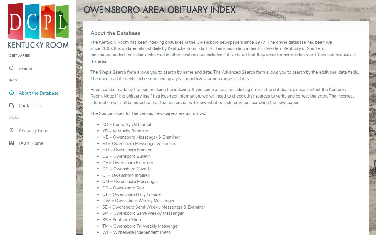 Owensboro Obituary Index search guide at Daviess County Public Library